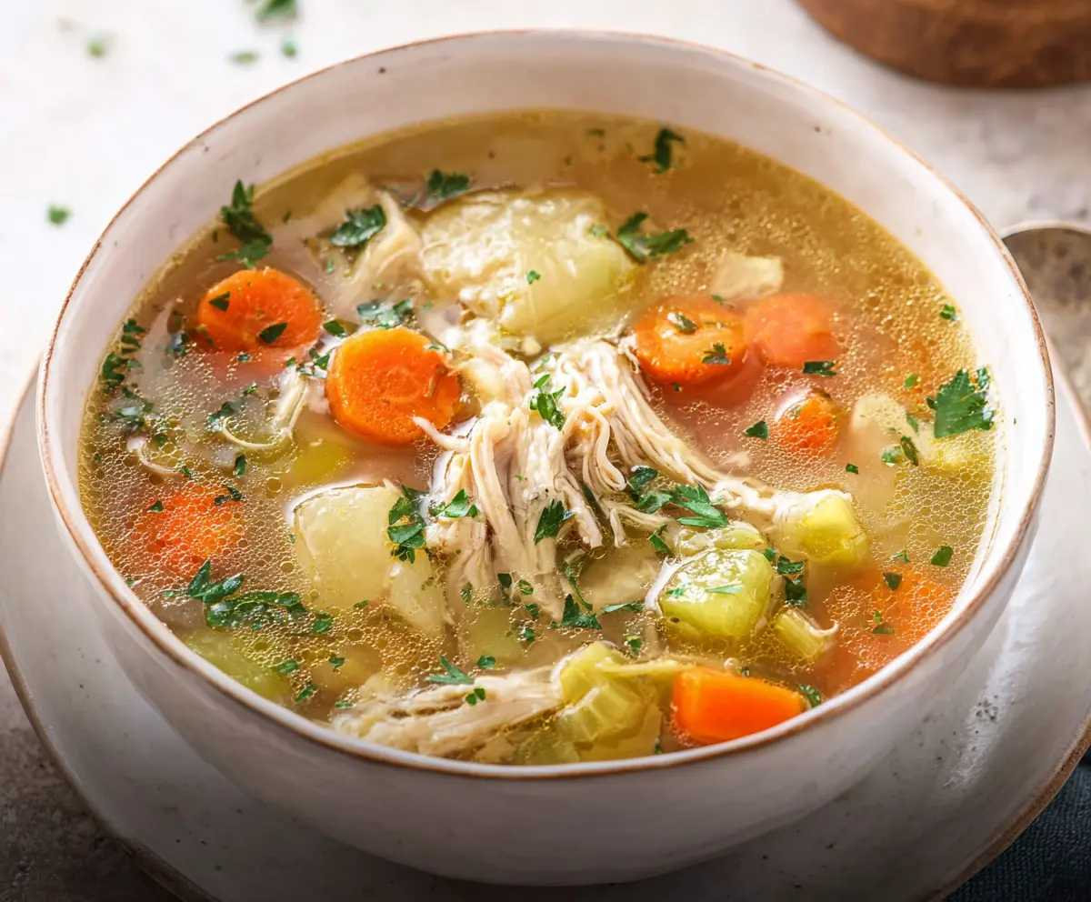 A comforting bowl of chicken soup with vegetables and herbs, perfect for a cozy meal.