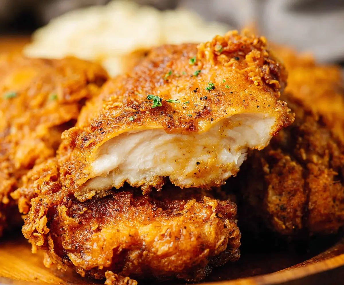 Crispy golden country fried chicken served on a plate with sides.