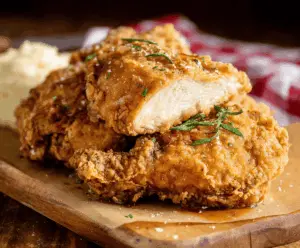 Crispy golden country fried chicken served on a rustic plate with sides.