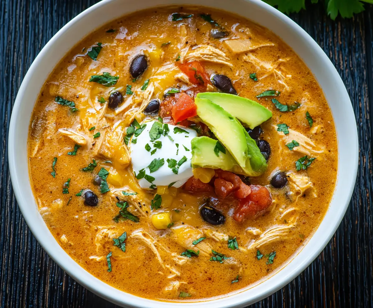 Creamy Chicken Enchilada Soup in a bowl with melted cheese and fresh cilantro