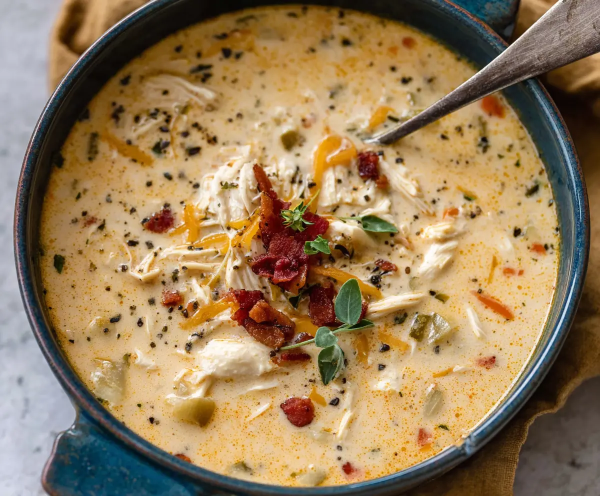 Creamy Crack Chicken Soup in a bowl with shredded chicken, cheese, and herbs.