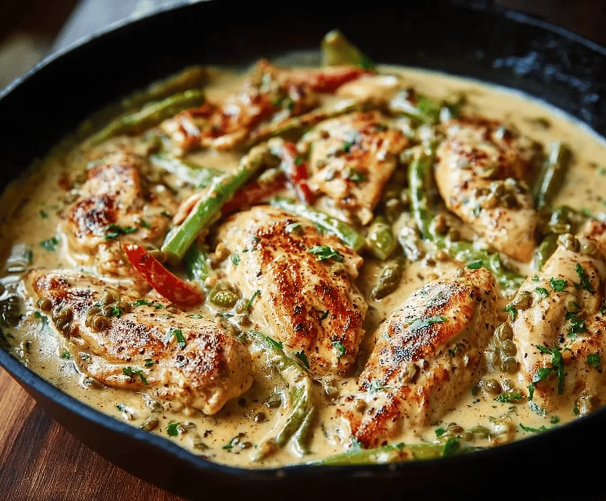 Delicious creamy pepperoncini chicken skillet served in a skillet with herbs and vegetables