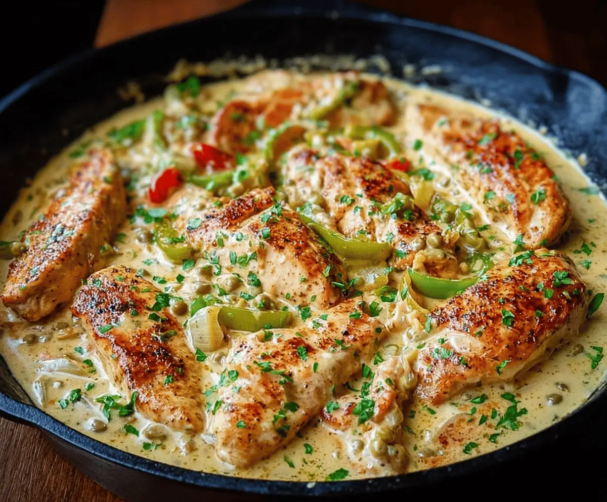 Creamy pepperoncini chicken skillet served with fresh herbs and vegetables