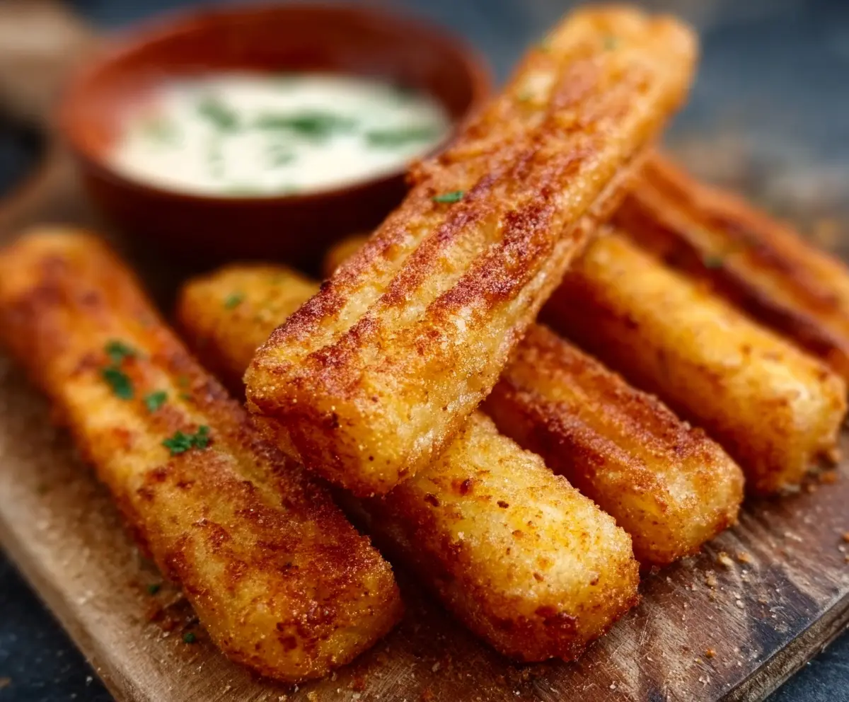 Crispy Hungarian Potato Cheese Sticks on a plate, showing golden-brown snack with melted cheese, perfect for snack lovers.
