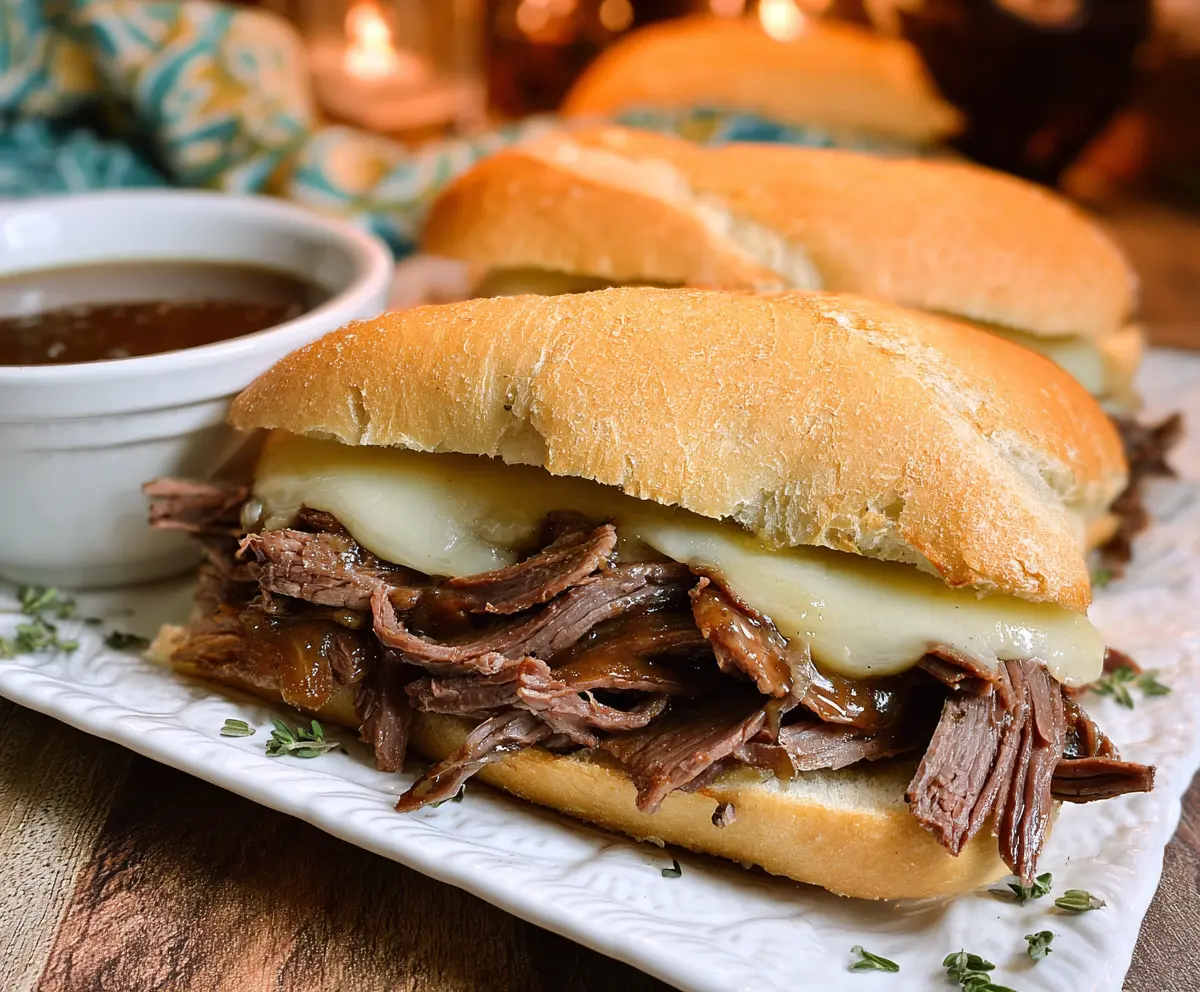 Delicious crock pot French dip sandwiches with tender roast beef and melted cheese served on toasted buns.