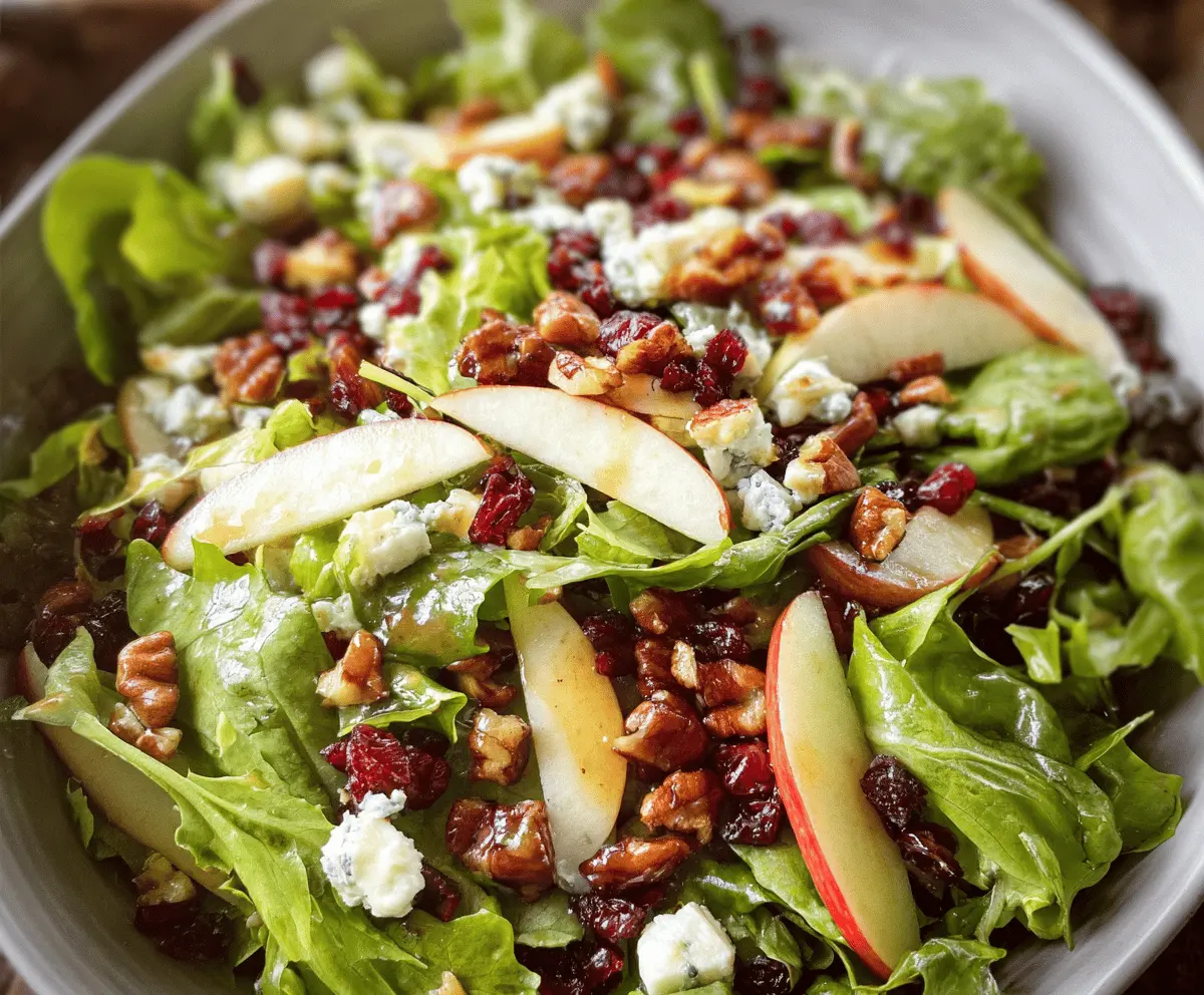 Fresh Crunchy Fall Apple Salad topped with chopped nuts and drizzled with maple vinaigrette.