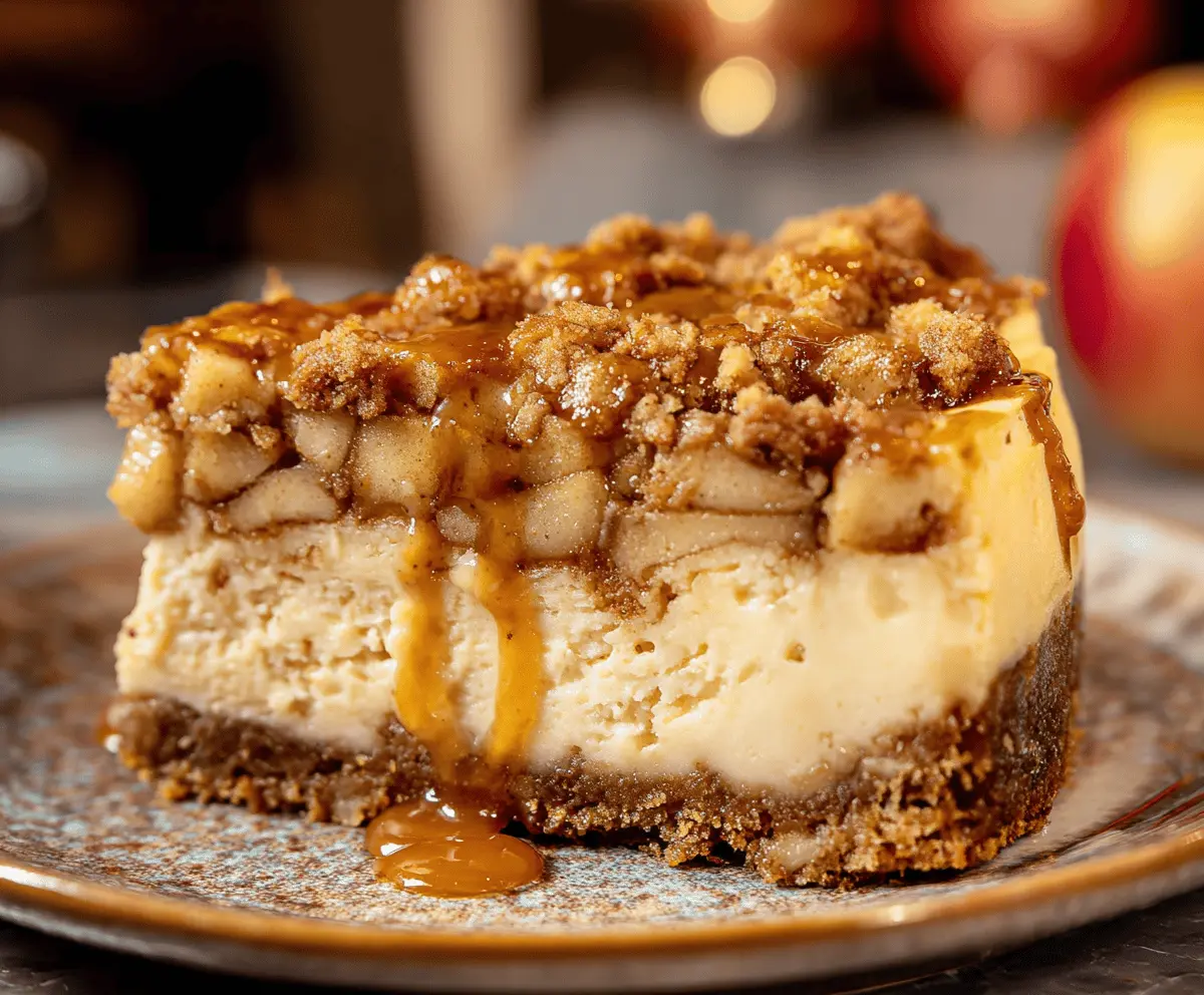 Creamy apple crumble cheesecake topped with caramelized apple slices and crunchy crumble topping.
