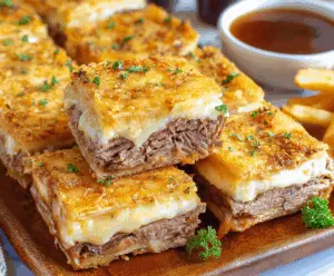 Savory French Dip Squares served on a white plate with dipping au jus sauce