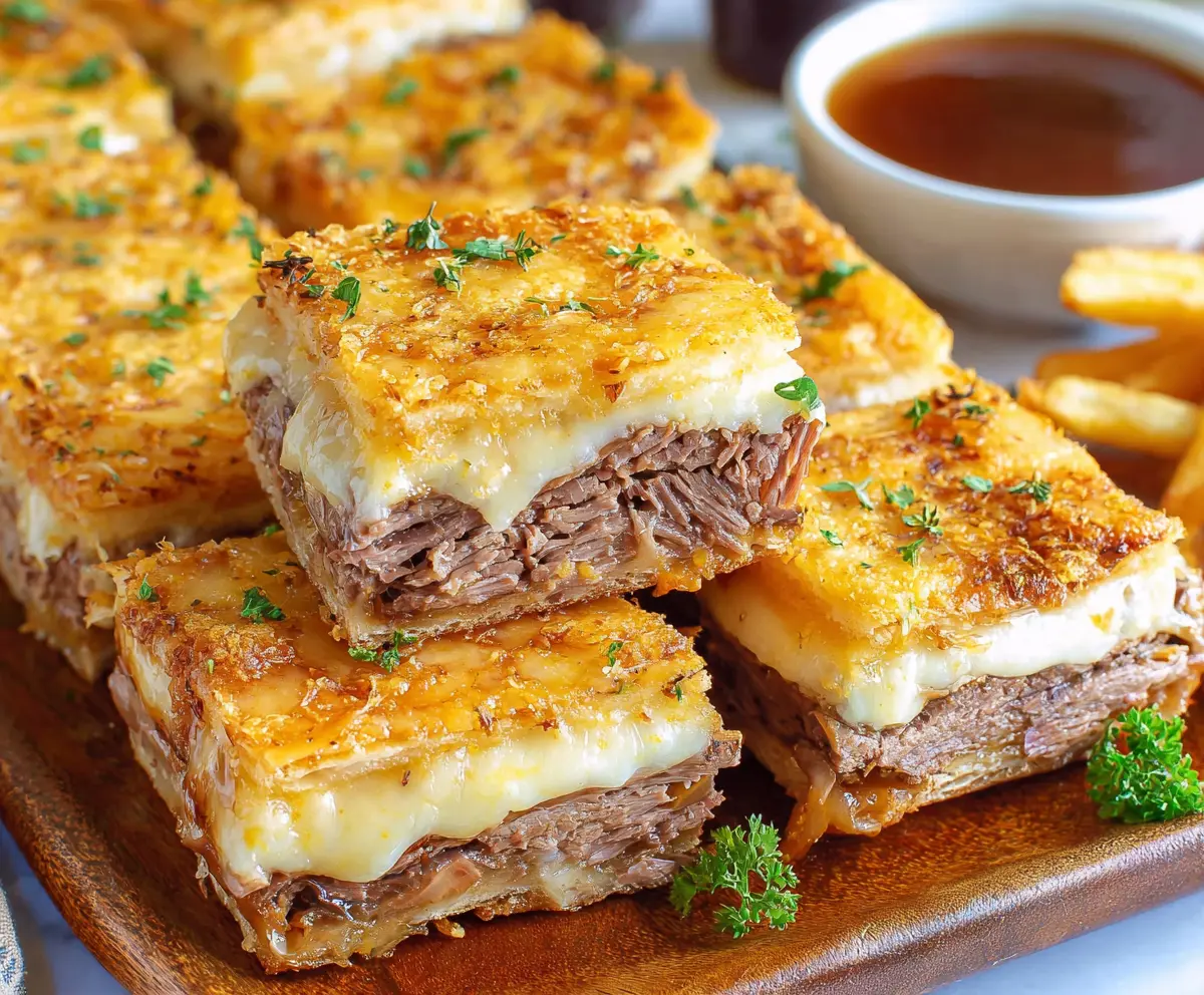 Savory French Dip Squares served on a white plate with dipping au jus sauce
