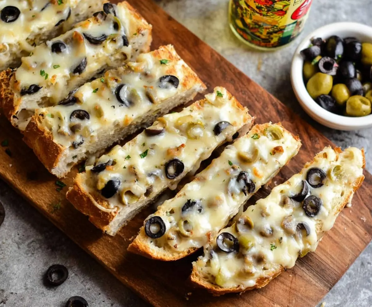 Delicious Easy Olive Cheese Bread Appetizer with melted cheese, olives, and golden crust.