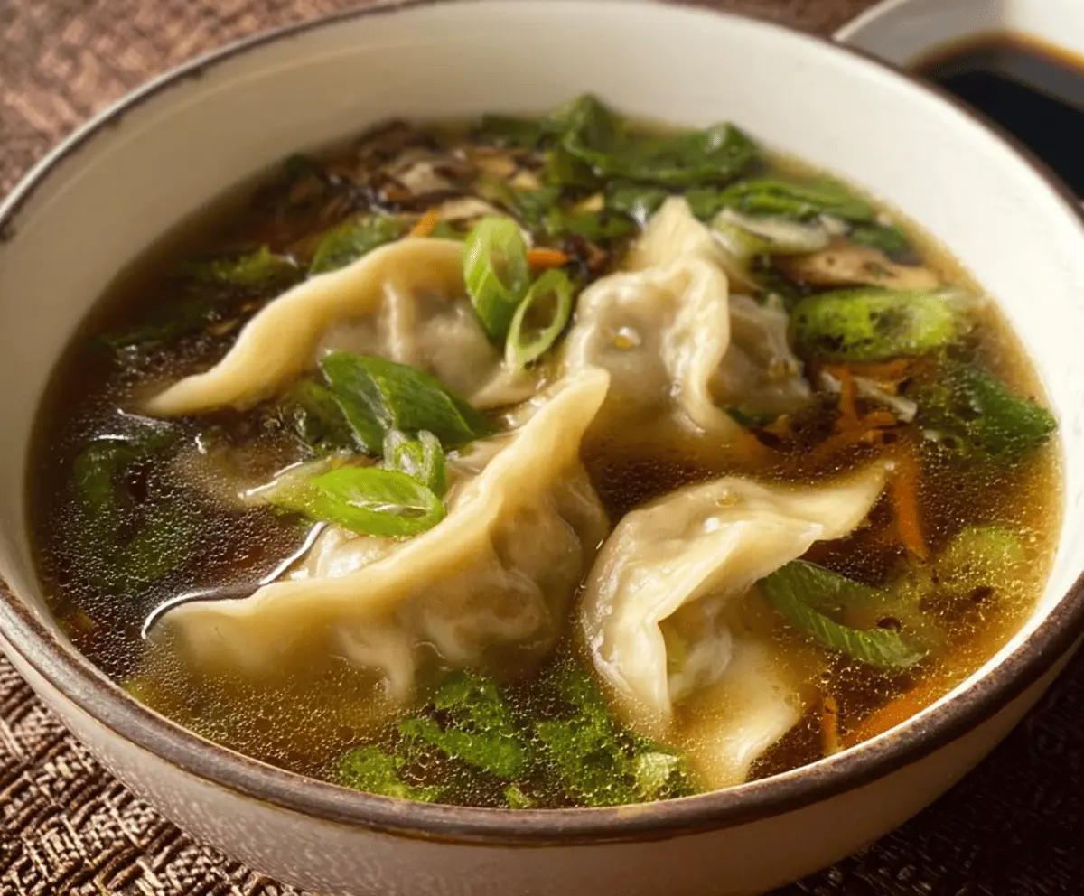 A steaming bowl of easy potsticker soup with crispy dumplings, vegetables, and savory broth, perfect for comfort food lovers.