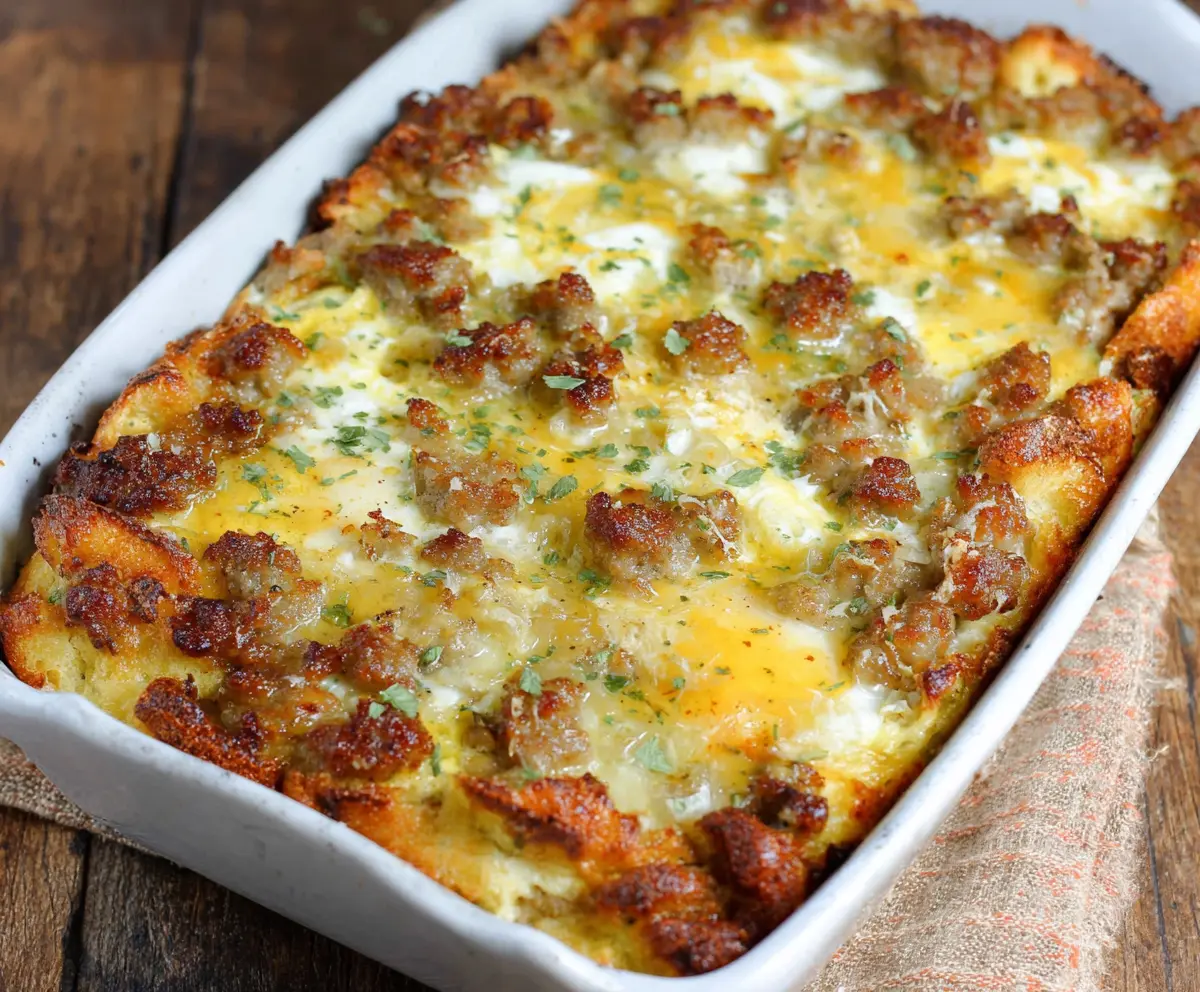 Delicious easy sausage and egg casserole in a baking dish, perfect for breakfast or brunch.