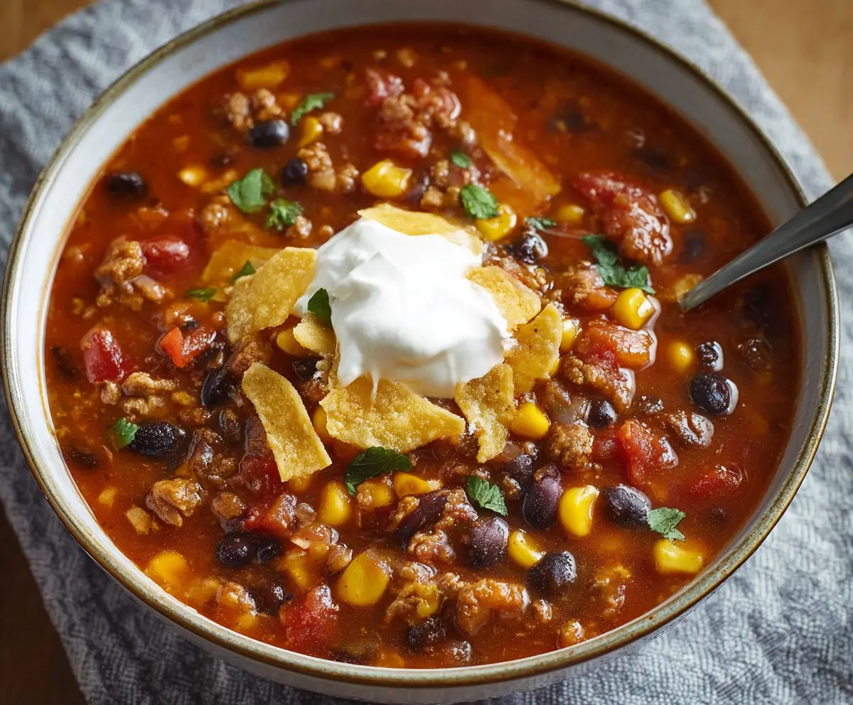 Delicious Easy Taco Soup with seasoned ground beef, beans, corn, and tomatoes in a bowl, perfect for a quick and flavorful meal.