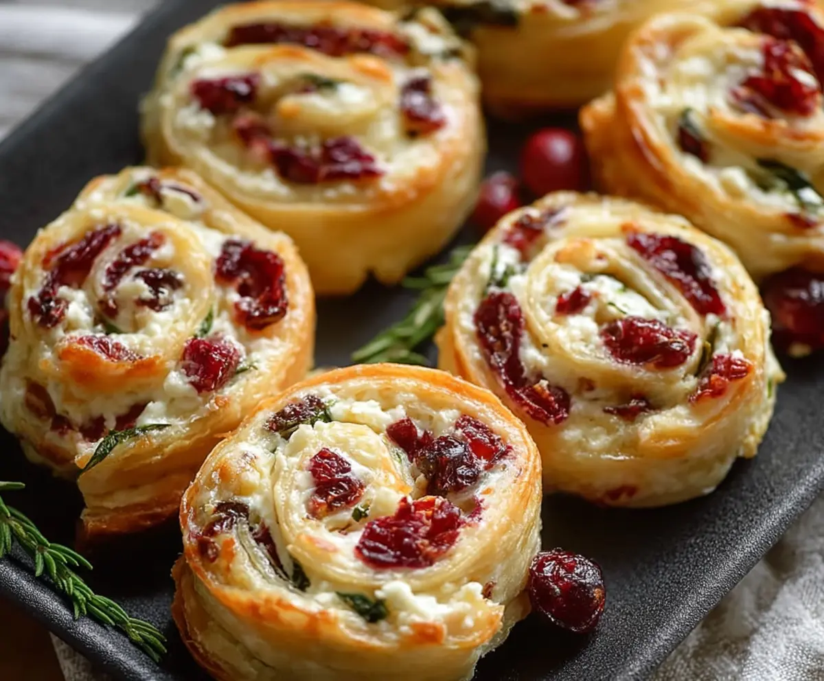 Delicious flaky cranberry cream cheese pinwheels served on a plate, perfect for festive gatherings