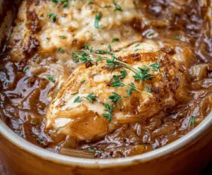 Delicious French Onion Chicken Soup in a bowl topped with toasted bread and melted cheese, perfect for comforting meals.