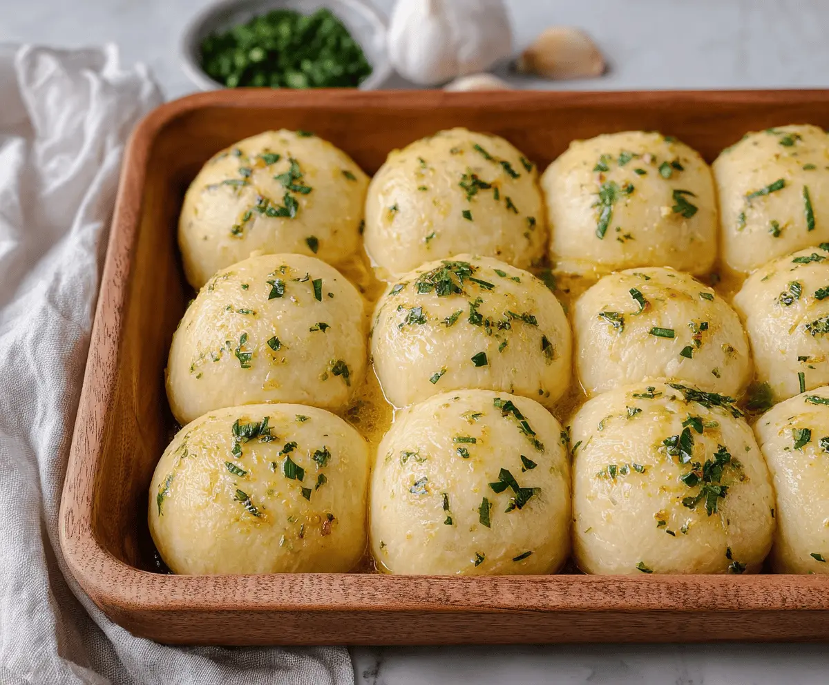 Freshly baked garlic bread rolls with golden crust and aromatic herbs.