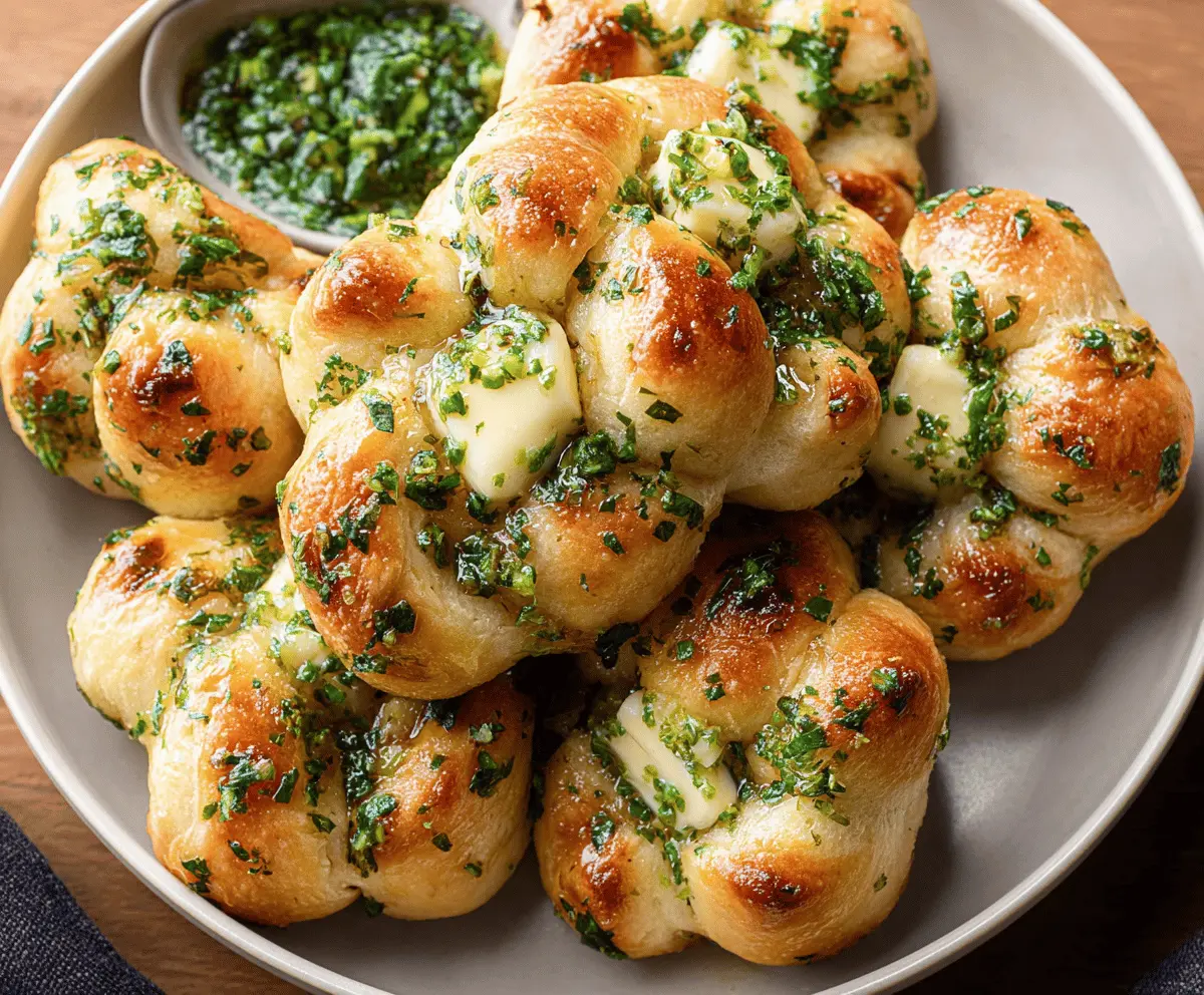 Golden garlic knots with herbs on a rustic wooden table, perfect for appetizer or snack.