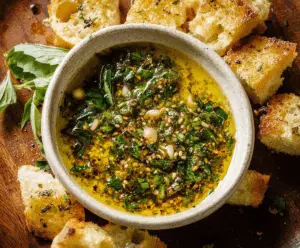 Close-up of a garlic olive oil dip served in a small bowl, garnished with herbs and fresh garlic cloves.