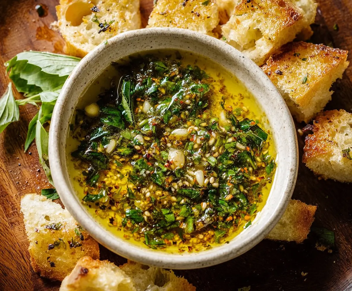 Close-up of a garlic olive oil dip served in a small bowl, garnished with herbs and fresh garlic cloves.