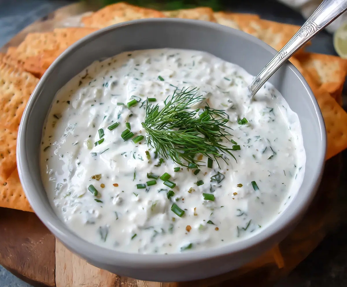 Creamy Greek Yogurt Ranch Dip served in a bowl with fresh vegetables for dipping.