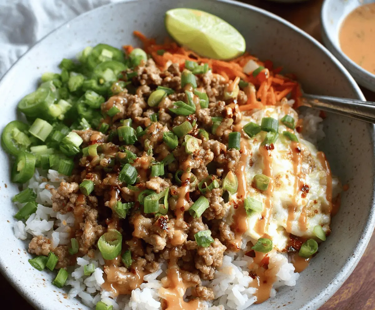 Delicious ground turkey rice bowl topped with Bang Bang sauce, perfect for a healthy meal.