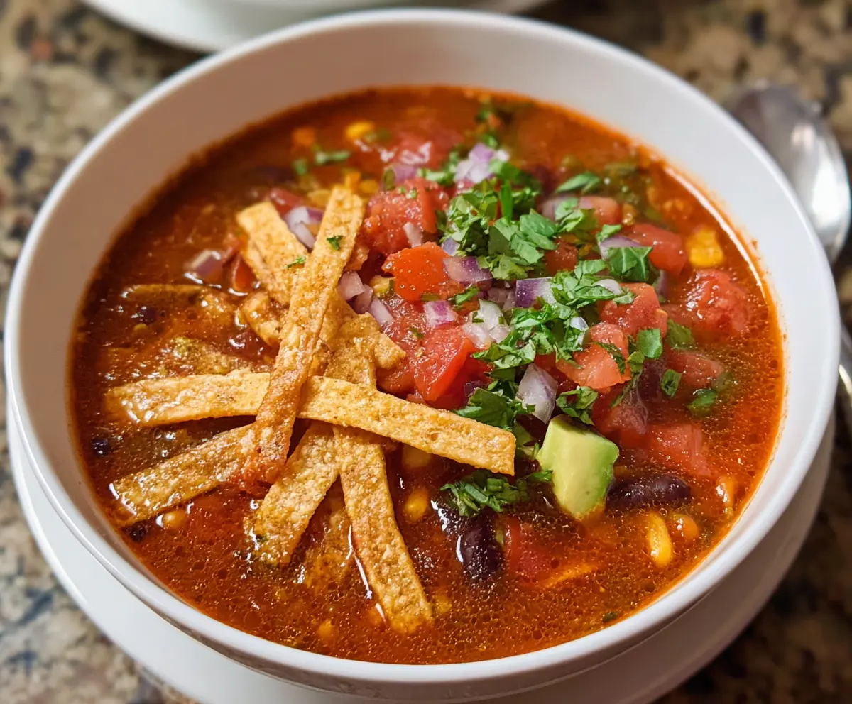 Delicious homemade tortilla soup in a rustic bowl with fresh toppings and melted cheese.