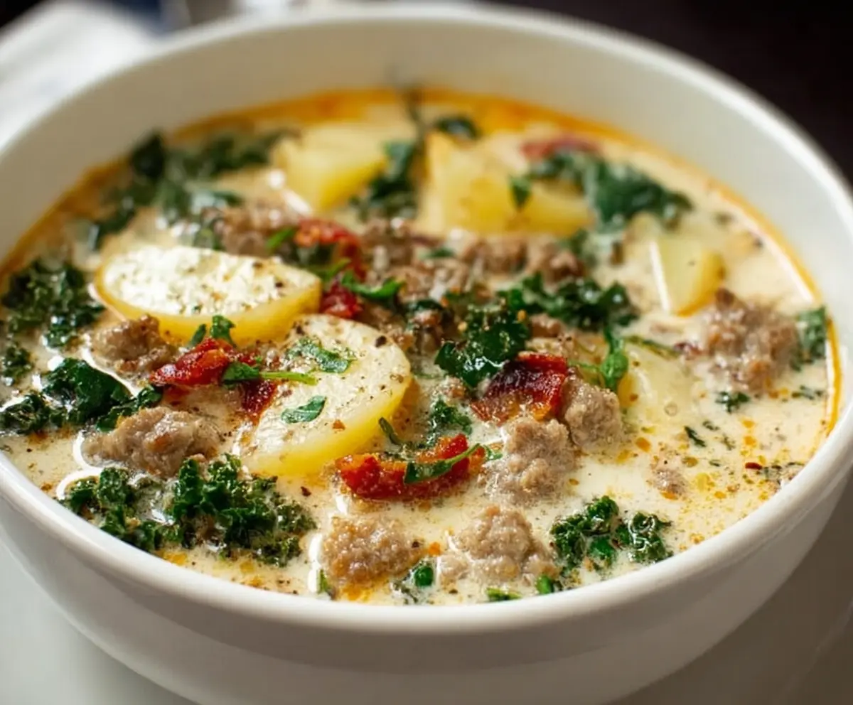 Hearty homemade Zuppa Toscana soup with Italian sausage, kale, and potatoes in a bowl.