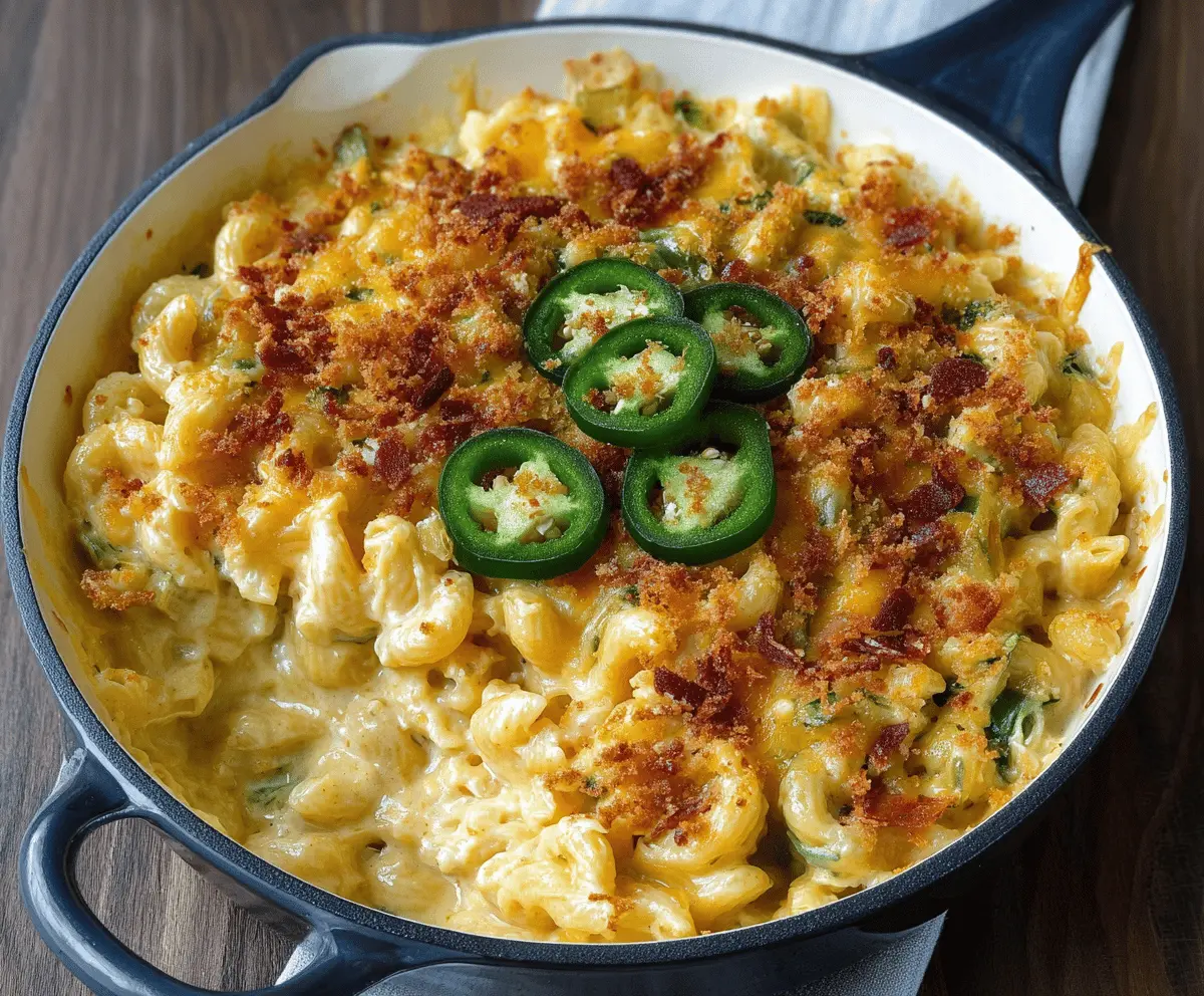 Creamy jalapeño popper macaroni and cheese topped with melted cheese and fresh jalapeño slices.