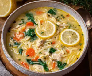 Delicious Lemon Chicken Orzo Soup with fresh herbs and tender chicken in a flavorful broth.