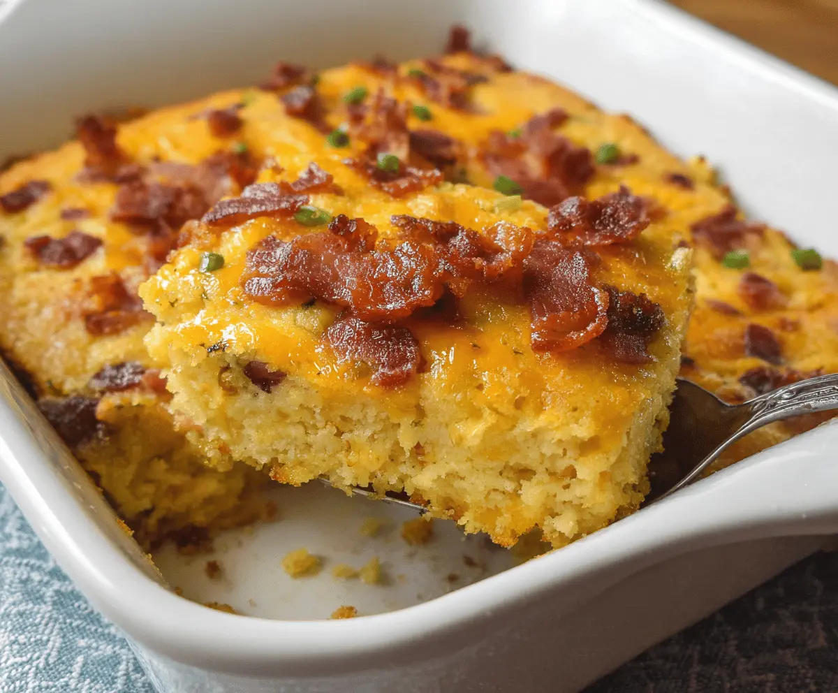 Delicious Loaded Cornbread Casserole topped with cheese, bacon, and fresh herbs on a baking dish.