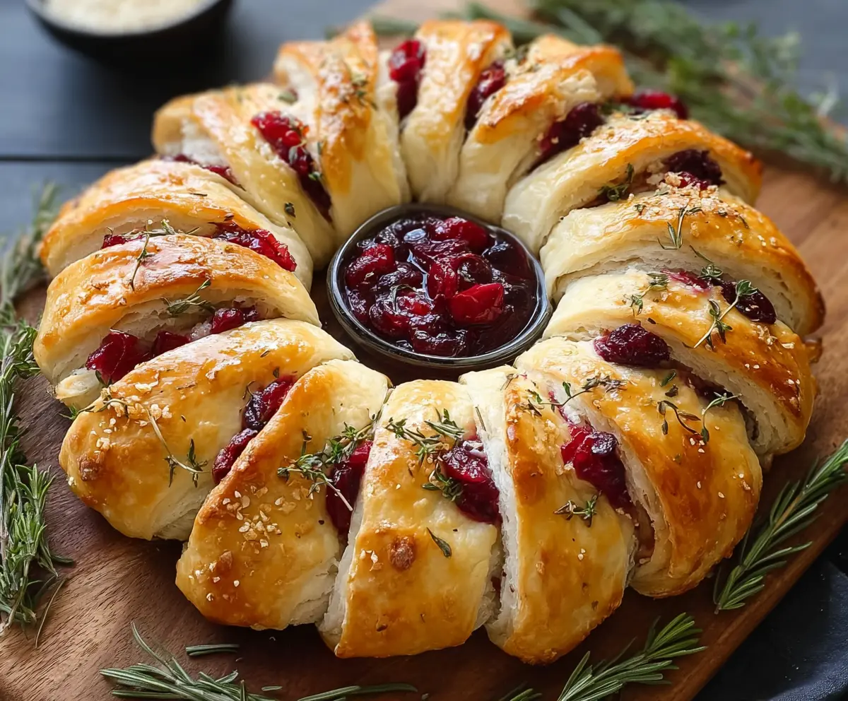 Festive turkey cranberry crescent ring served as a holiday appetizer on a decorative platter.