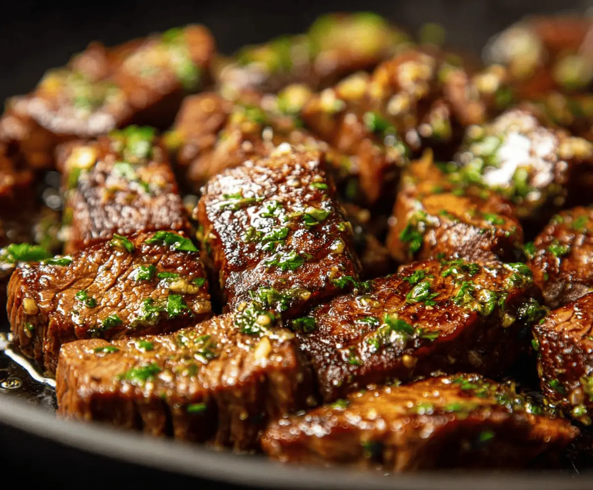 Juicy garlic butter steak served on a plate with fresh herbs and lemon wedges.