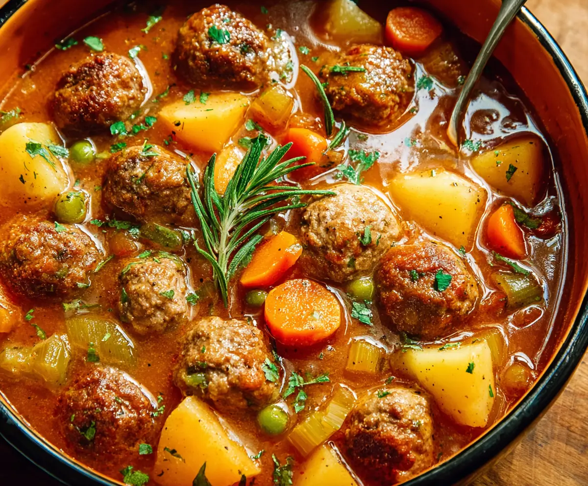 Hearty meatball stew with vegetables in a rich broth served in a bowl.