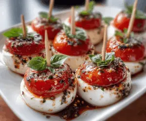 Mini Caprese Bites with cherry tomatoes, fresh mozzarella, and basil on a toothpick, perfect for entertaining.