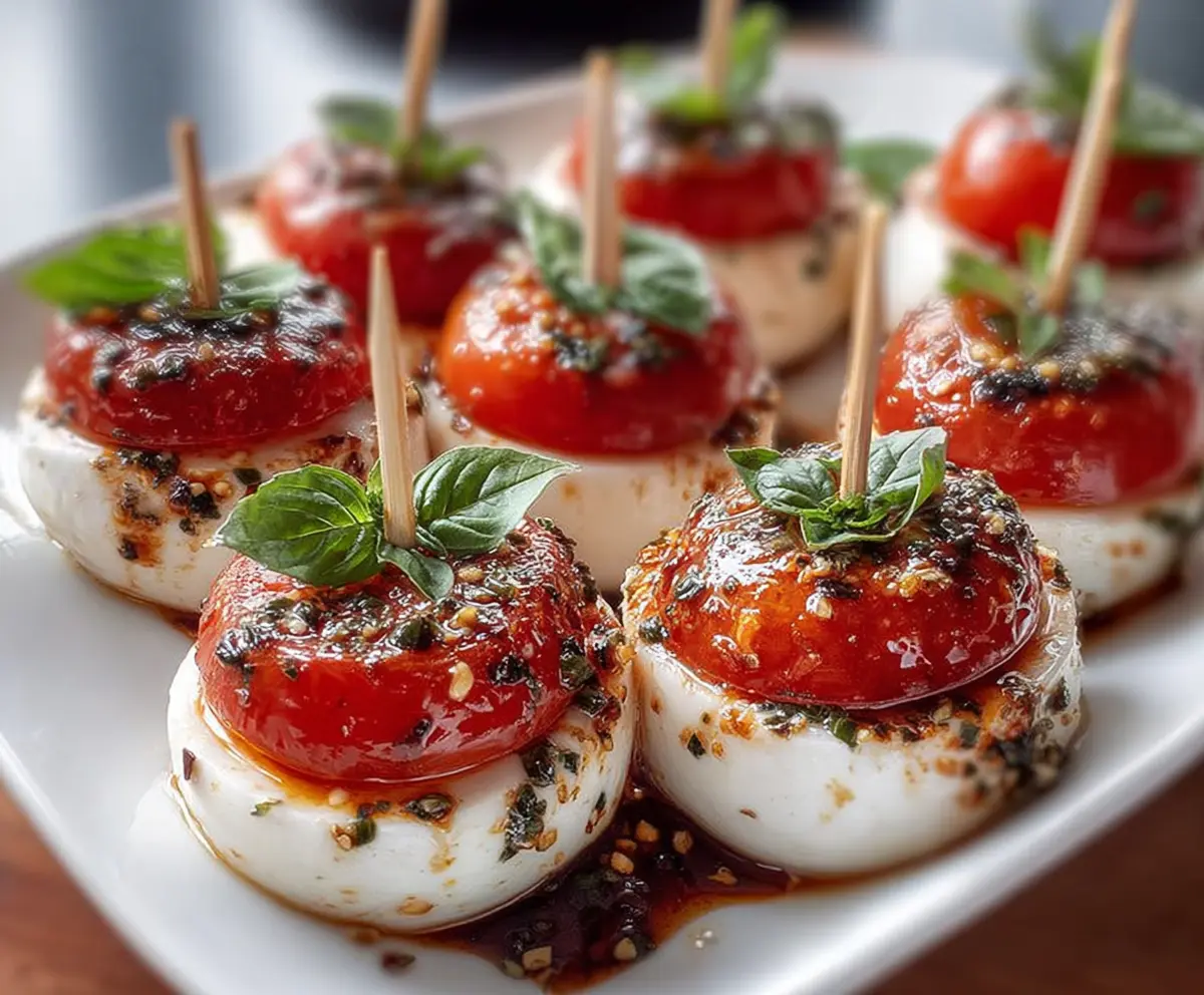 Mini Caprese Bites with cherry tomatoes, fresh mozzarella, and basil on a toothpick, perfect for entertaining.