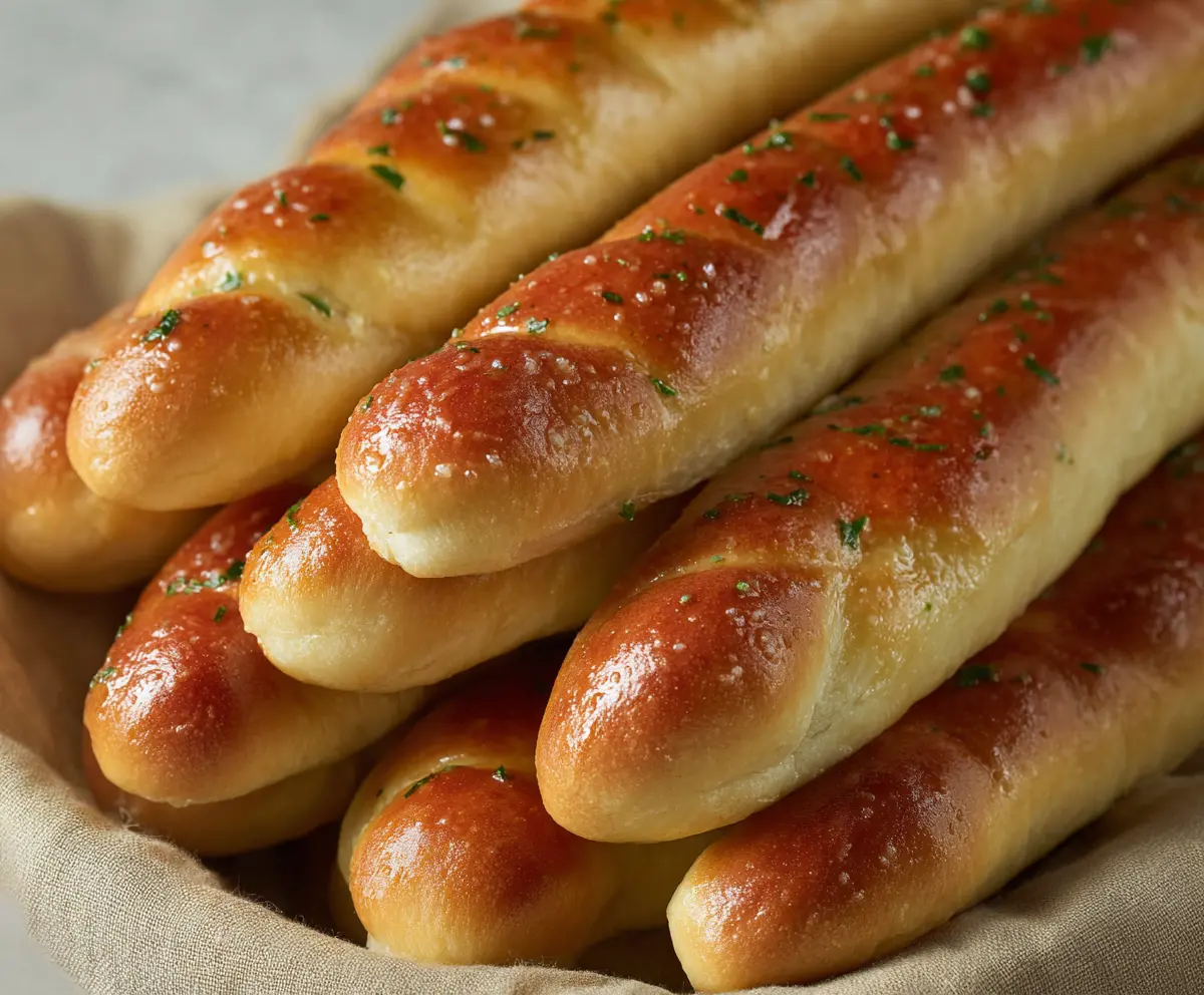 Golden, freshly baked Olive Garden breadsticks served with marinara dipping sauce.