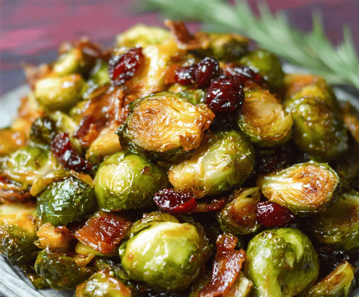 Plate of Orange Maple Glazed Brussels Sprouts garnished with fresh cranberries, perfect for a healthy holiday side dish.