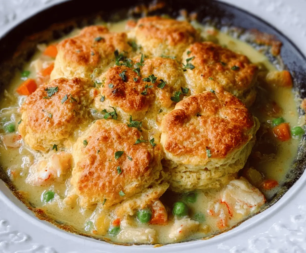 Delicious red lobster biscuit chicken pot pie served hot with flaky crust and tender chicken filling.