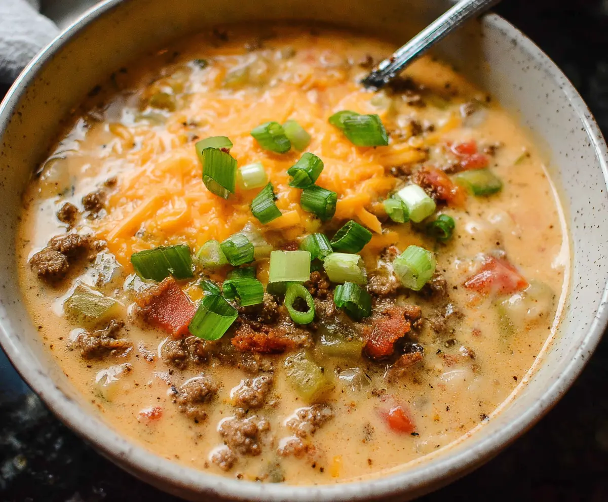 Creamy cheeseburger soup with melted cheese and seasoned beef in a hearty bowl.