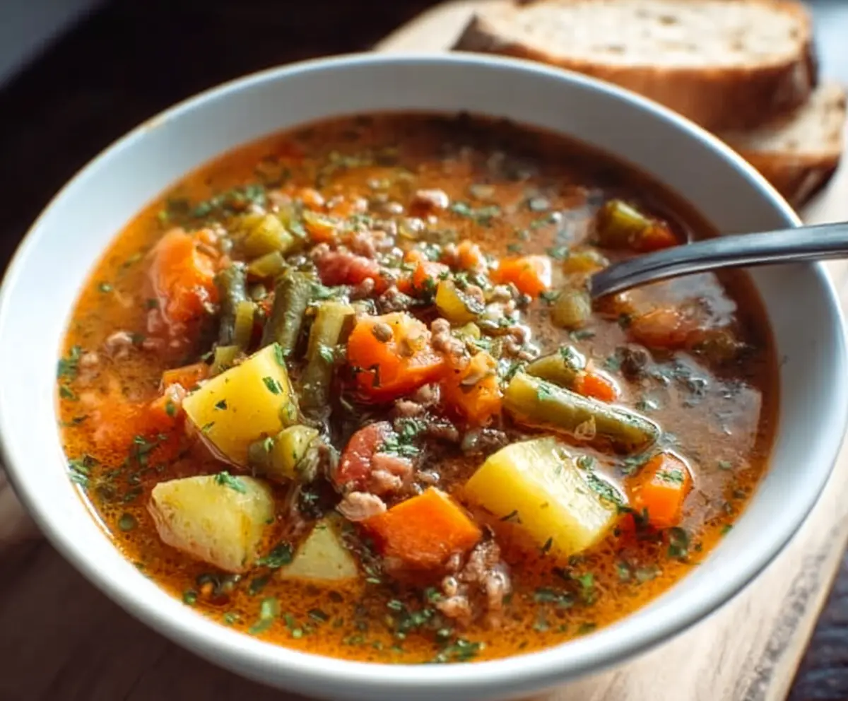 Hearty rustic vegetable soup in a bowl with fresh herbs and chopped vegetables.