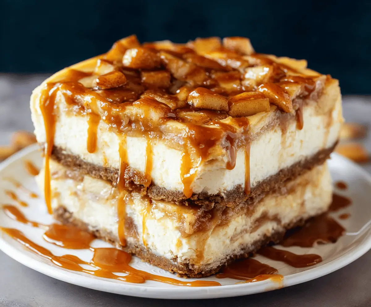 Delicious Salted Caramel Apple Pie Cheesecake with a golden crust and caramel drizzle on top.