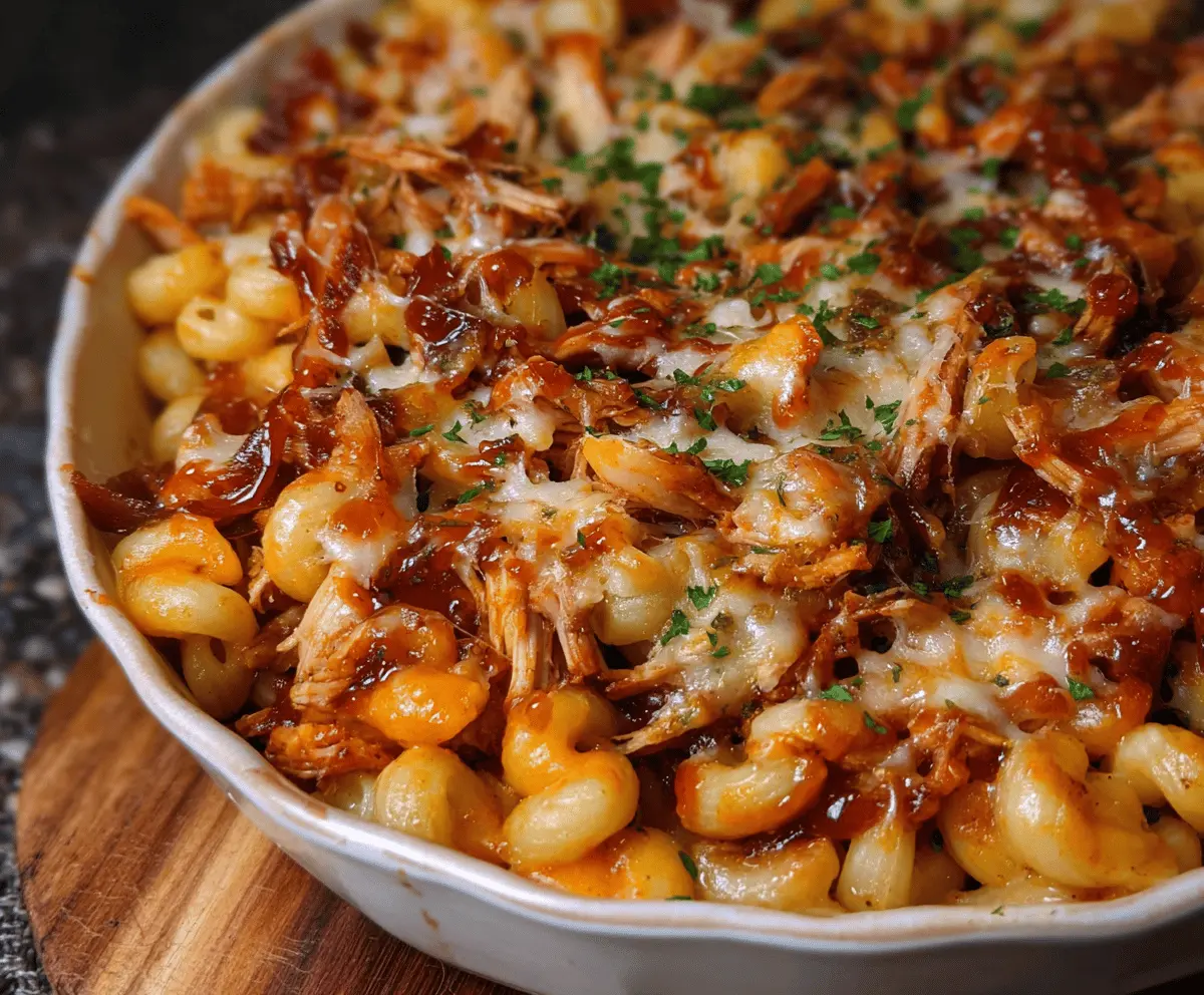 Creamy shredded BBQ chicken mac and cheese served in a bowl, perfect comfort food.