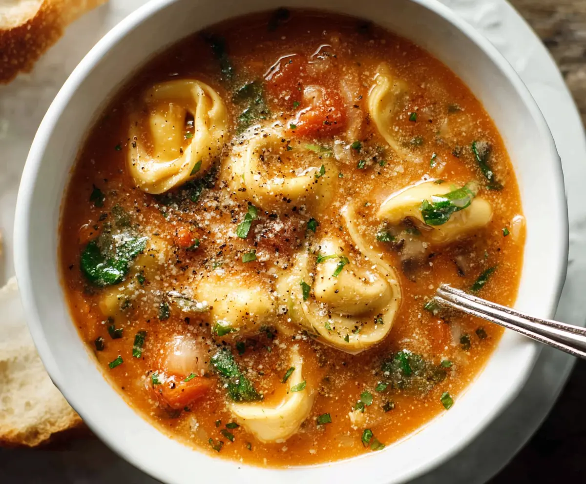 Creamy tortellini soup with vegetables and herbs in a bowl, perfect for a hearty meal.