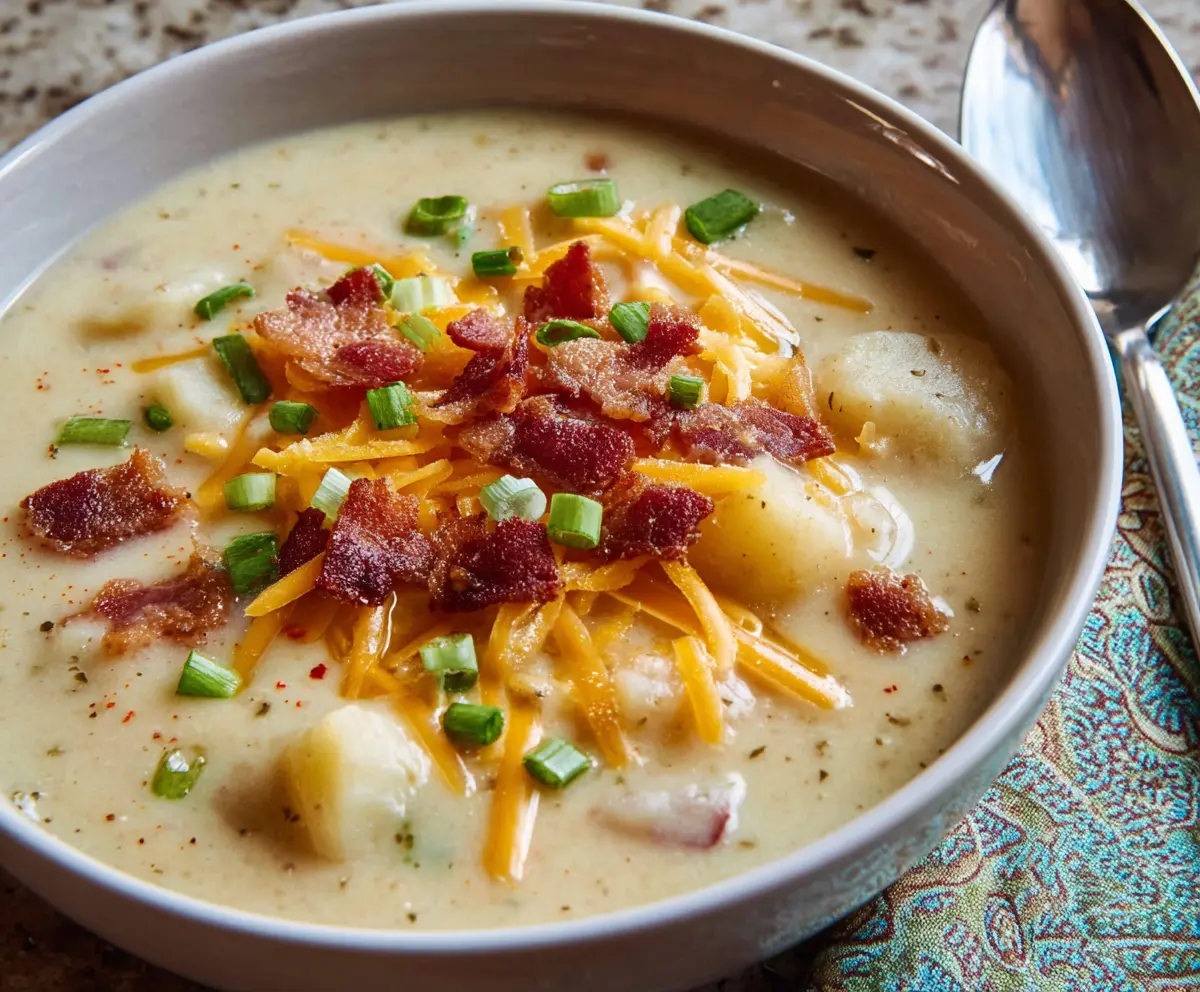 Creamy Slow Cooker Potato Soup topped with chives served in a bowl