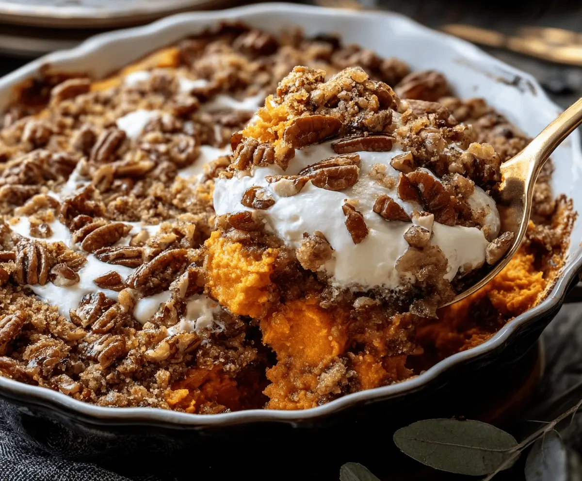 Delicious Southern Maple Sweet Potato Casserole topped with marshmallows and pecans, served as a festive holiday side dish.