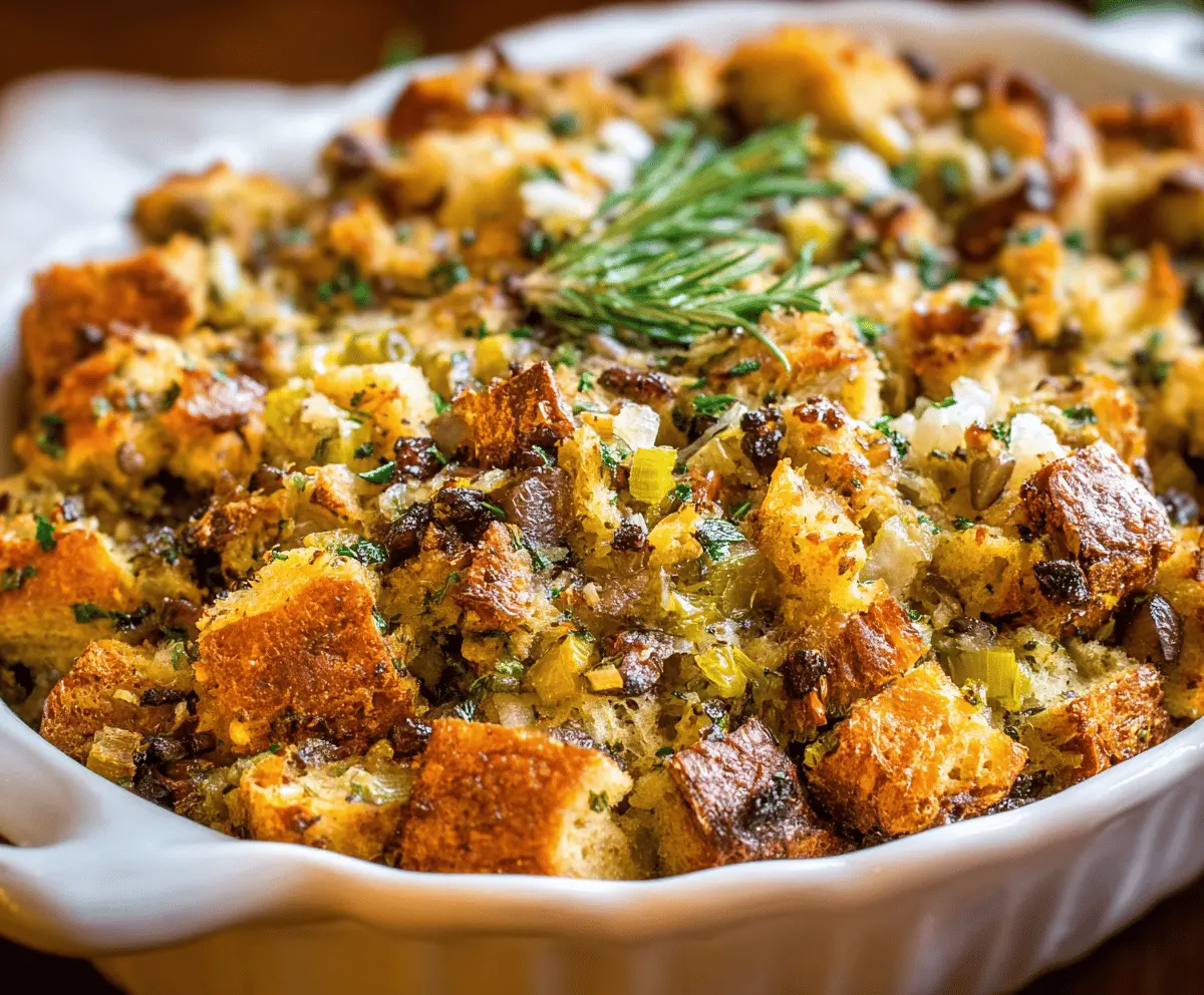 Delicious homemade stuffing recipe perfect for Thanksgiving dinner.