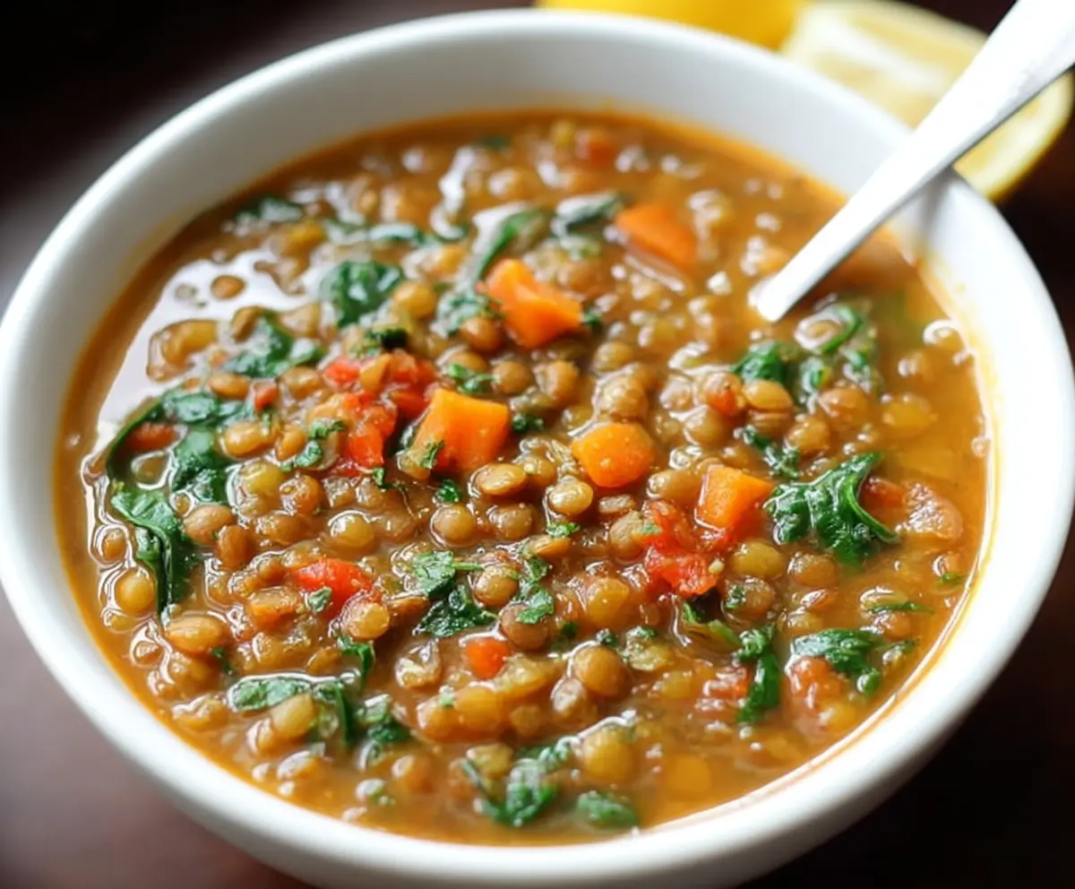 A bowl of hearty vegetarian lentil soup with fresh herbs served in a rustic bowl.