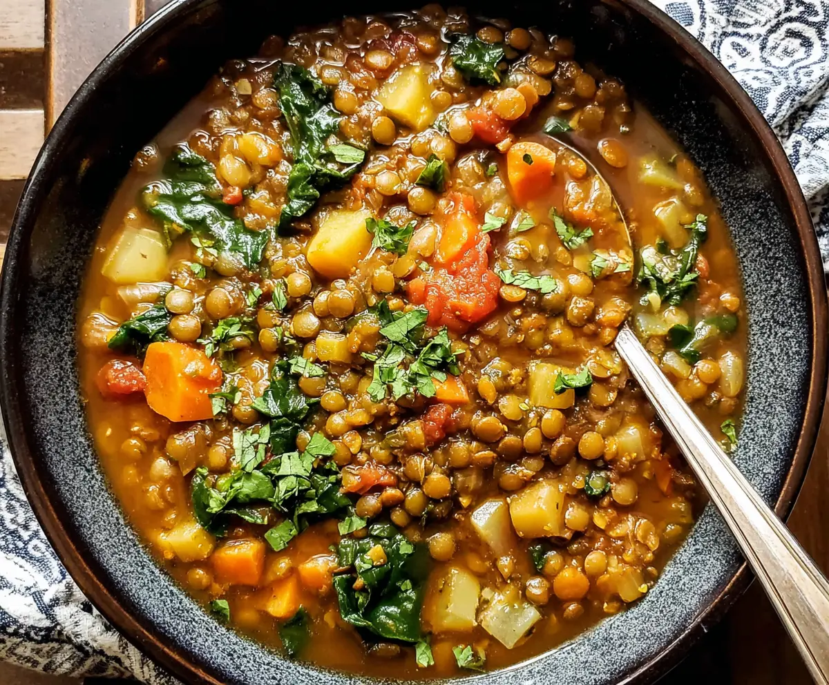 Hearty vegetarian lentil soup in a bowl with fresh vegetables and herbs.