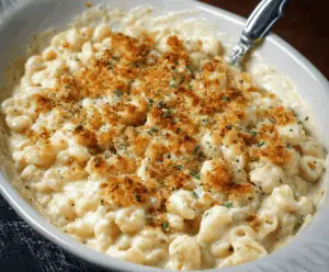 Creamy white truffle mac and cheese served in a rustic bowl with grated cheese on top.