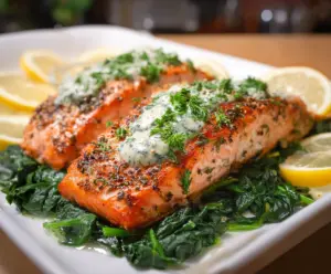Delicious baked salmon topped with fresh spinach and herbs on a plate.